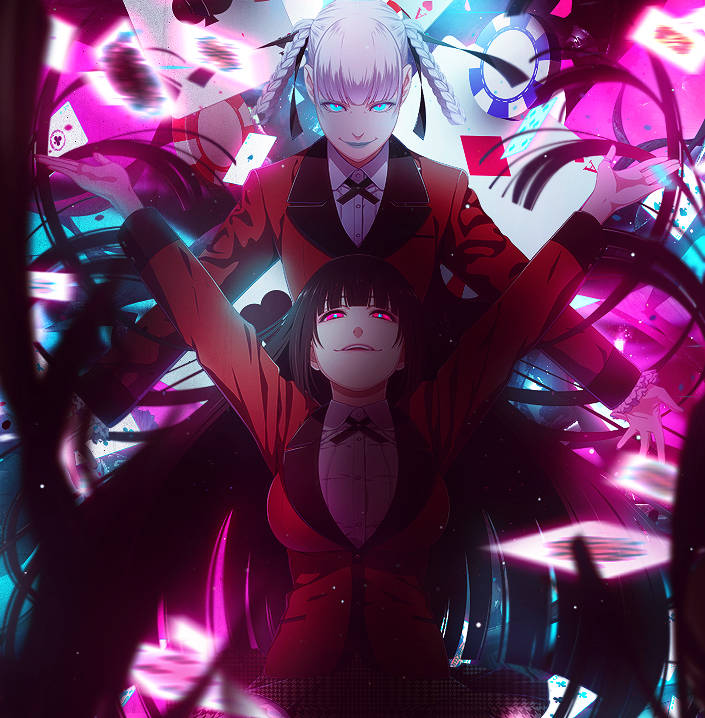 Anime duo GFX art amid swirling cards and neon chips