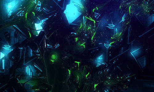 Shattered digital abyss glowing with electric green energy