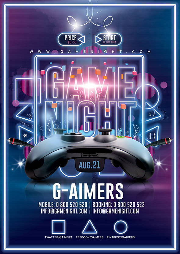 Neon game controller flyer for a retro game night