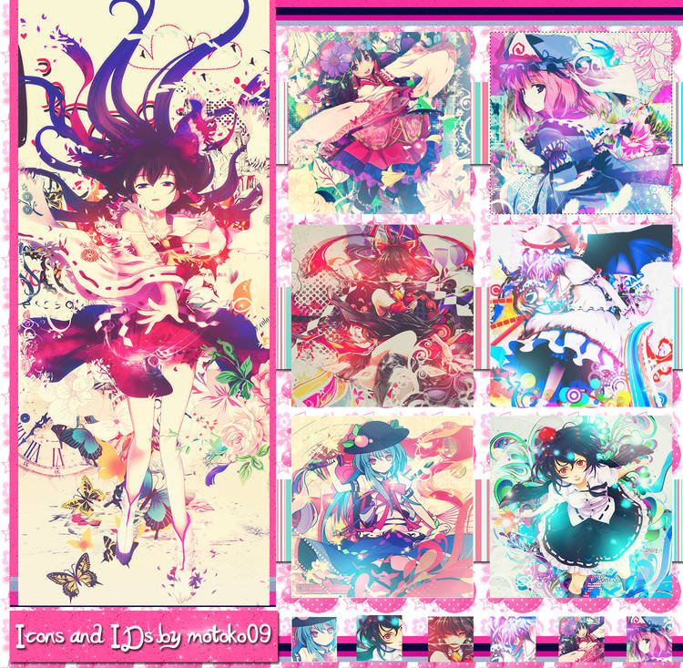 Colorful anime GFX collage with icons and IDs