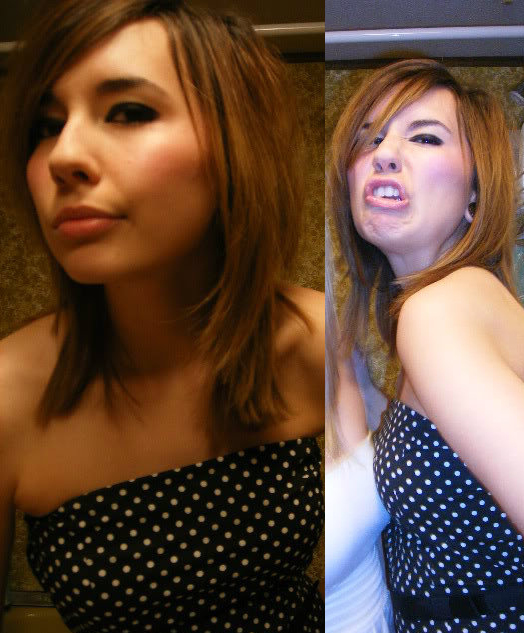 Before-and-after selfie: pretty pose vs. goofy face
