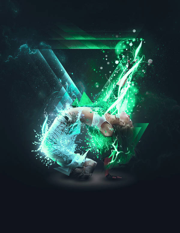 Dancer engulfed in electric green lightning artwork