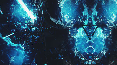 Blue crystalline warrior GFX with mirrored abstract creature