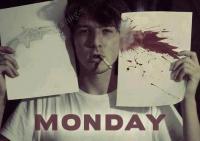Man holding drawing and bloody paper labeled Monday