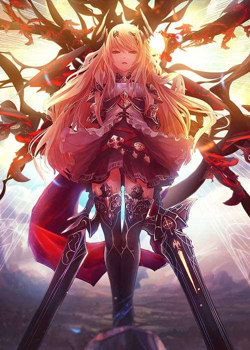 Golden-haired warrior wielding twin blades beneath crimson branches
