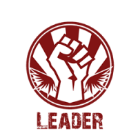 Raised fist emblem — bold red LEADER logo art