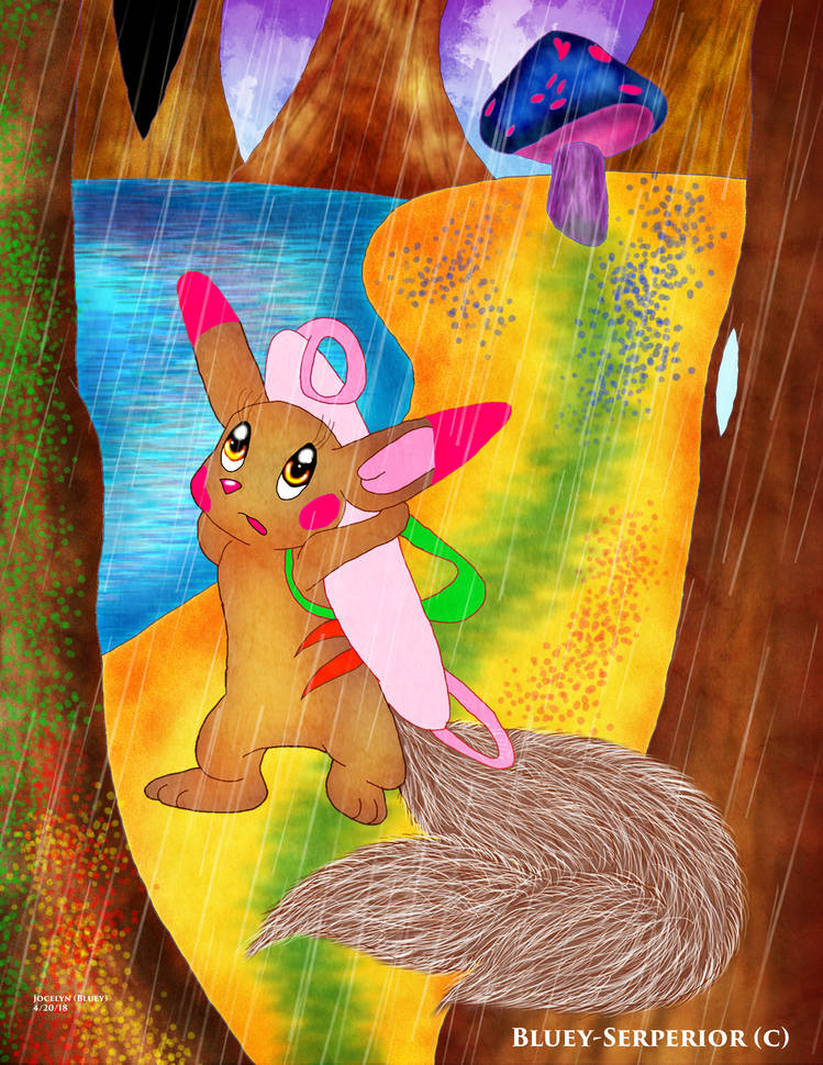 Rainy forest scene with fluffy-tailed anime creature