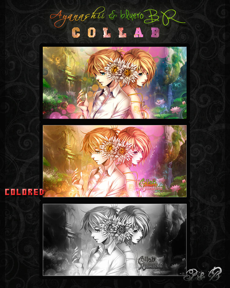 Colorful anime GFX collab piece with twin characters and flowers
