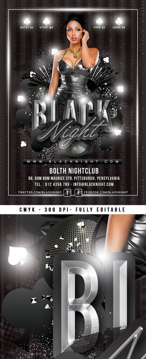Sleek nightclub flyer design with glam model and disco ball