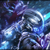 Futuristic armored soldier glowing sig-style artwork