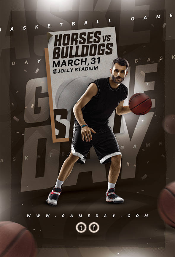 Basketball game day flyer with player dribbling ball