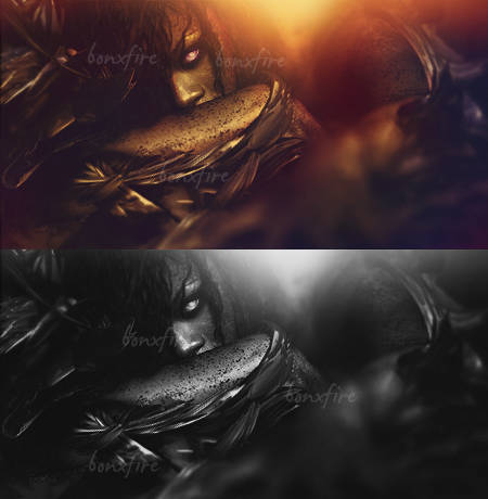 Moody dual-tone character art signature with dramatic lighting