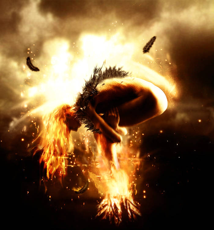 Phoenix rising from flames, fiery digital art