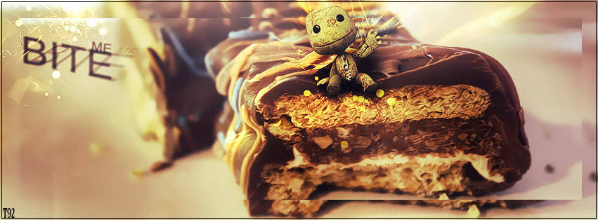 Sackboy nibbling a chocolate bar in glowing GFX art