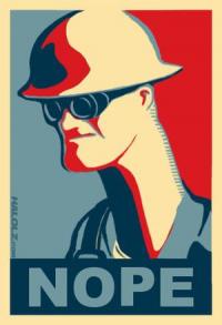 Obey-style poster of a hazmat welder, deadpan 'NOPE'