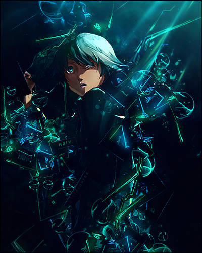 Dark blue anime GFX piece with glowing tech shards