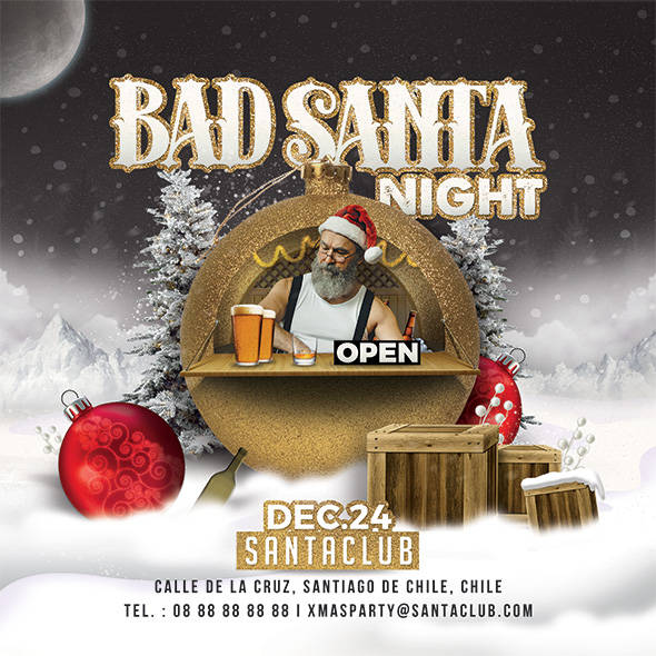 Bad Santa Night party flyer with grumpy bartending Santa