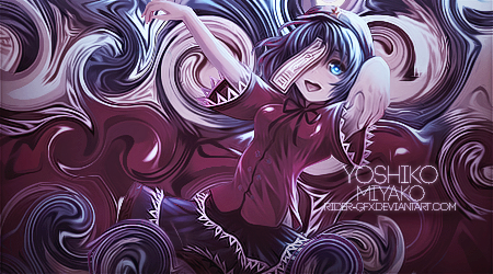 Swirling purple anime GFX signature with striking character art