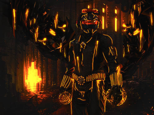 Fiery armored warrior glowing in a dark forge world