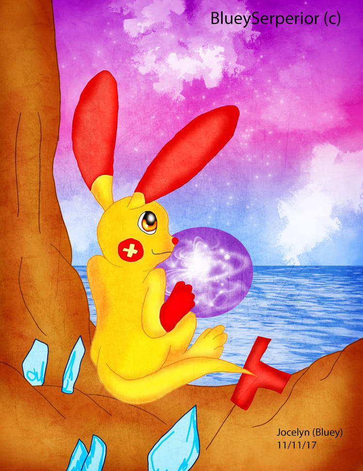 Yellow rabbit Pokémon-style creature with glowing orb, digital art