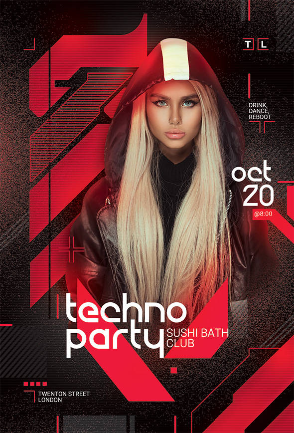 Techno party flyer with hooded model, red-black design