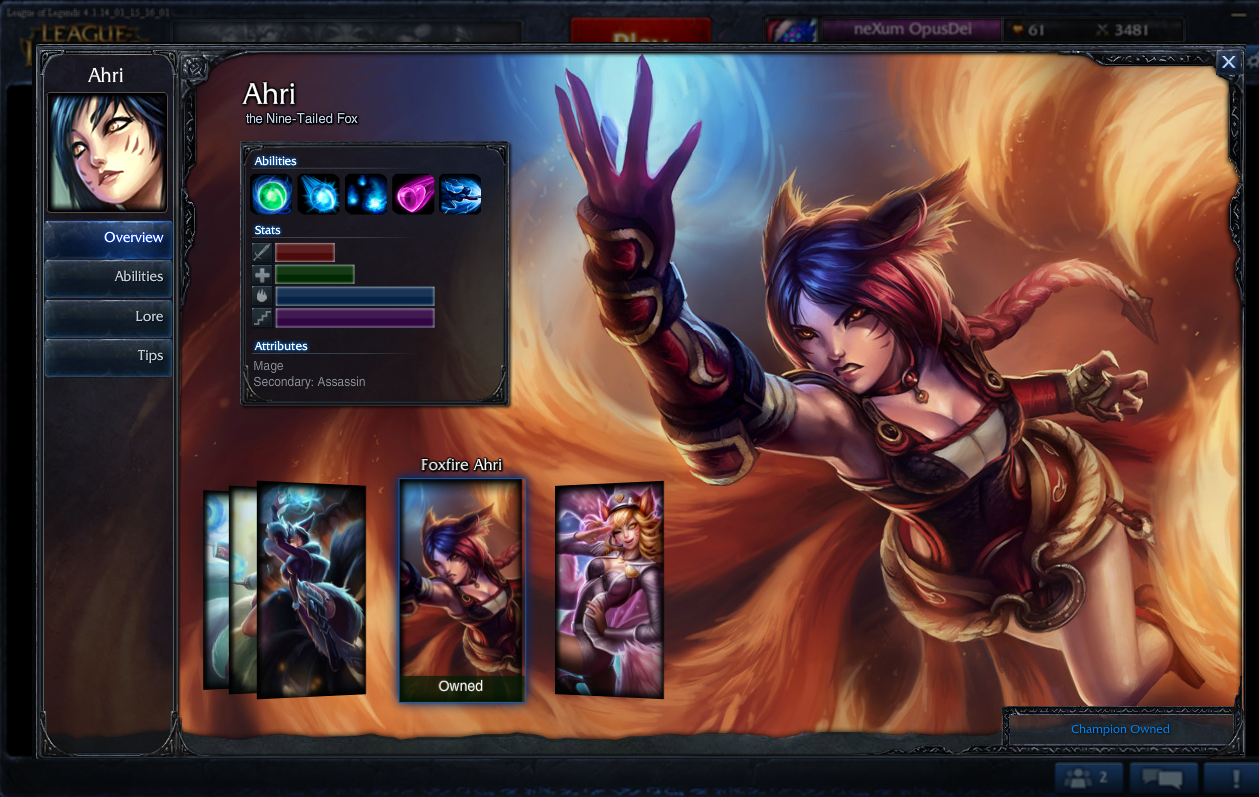 League of Legends Ahri champion info screen