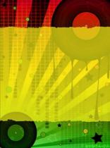 Sunburst rays, halftone circles, retro red-yellow-green GFX vibe