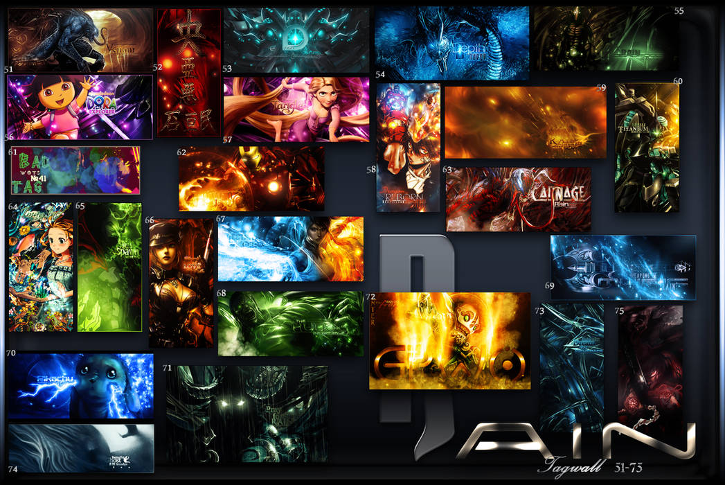 Tagwall collage of GFX signatures spanning fantasy, anime, and gaming art