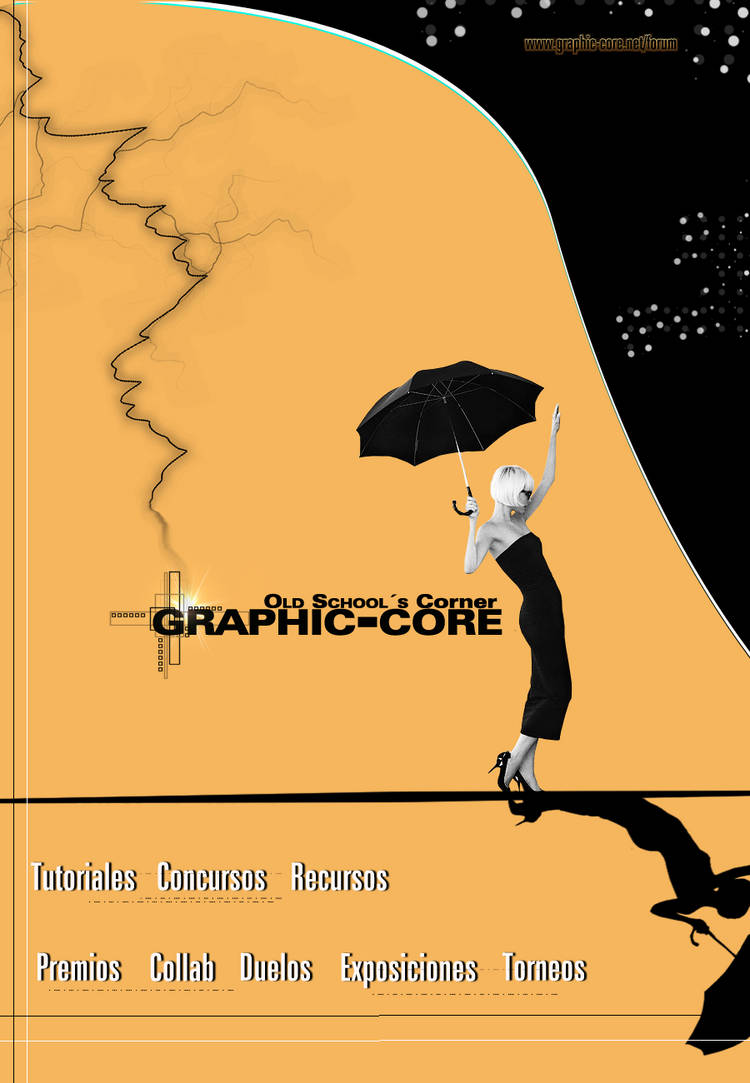 Elegant silhouette with umbrella under stylized graphic-core banner