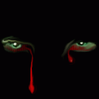 Creepy bleeding reptilian eyes glowing in the dark
