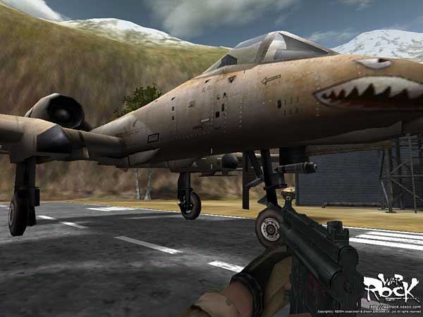 WarRock FPS view aiming at grounded shark-jet plane