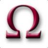 Greek Omega symbol logo in dark red