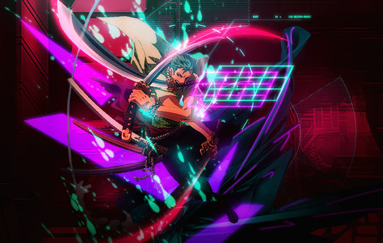 Neon samurai slashes through a cyberpunk digital storm