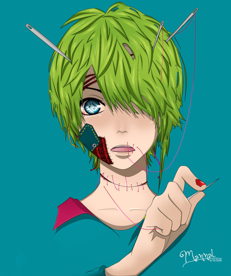 Stitched-up anime girl portrait, needle-and-thread digital art