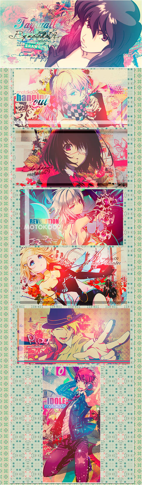 Anime-inspired GFX tagwall showcasing multiple stylized character designs