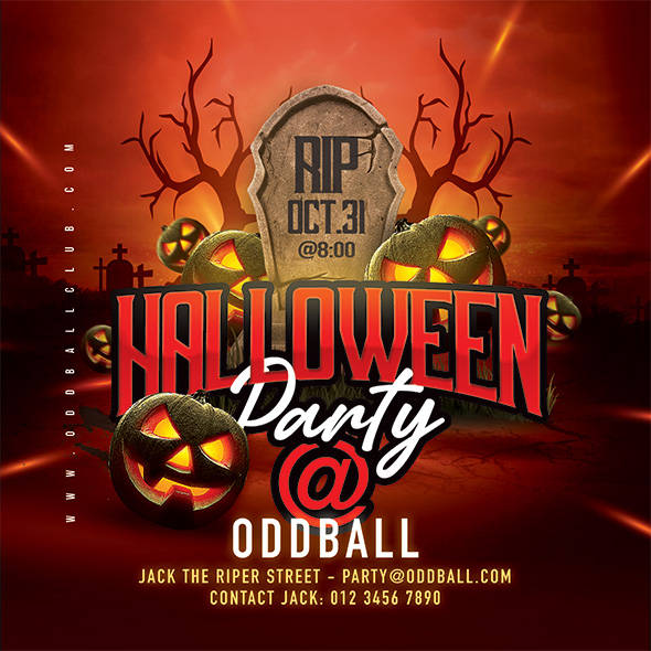 Spooky Halloween party flyer with tombstone and jack-o'-lanterns