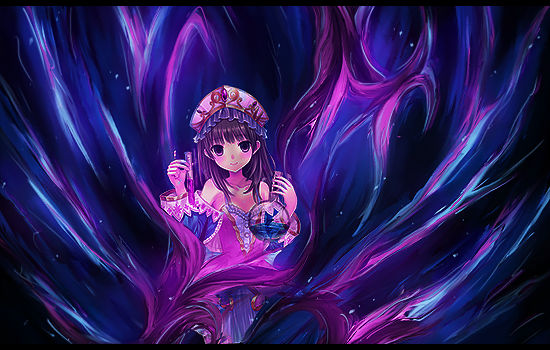 Anime girl amid swirling purple-blue magical flames