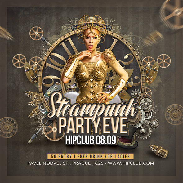 Steampunk-themed party flyer with golden clockwork goddess design