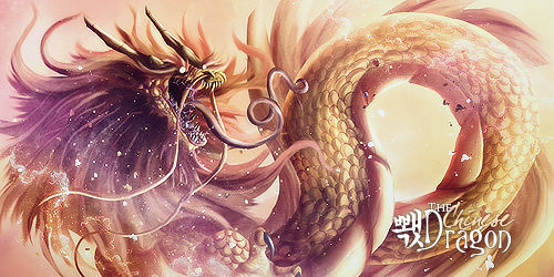 Golden Chinese dragon coiled in swirling mist artwork
