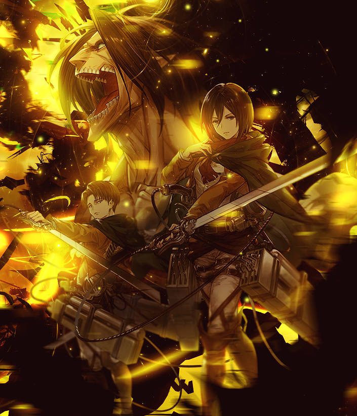 Mikasa and Levi face down the Colossal Titan in blazing gold