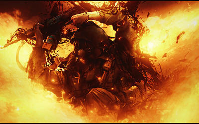 Soldier emerging from fiery explosion, dramatic GFX art