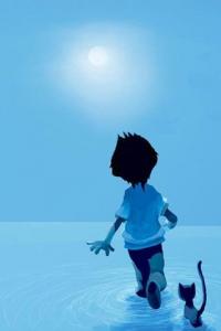 Silhouetted boy and cat walking beneath a glowing moon