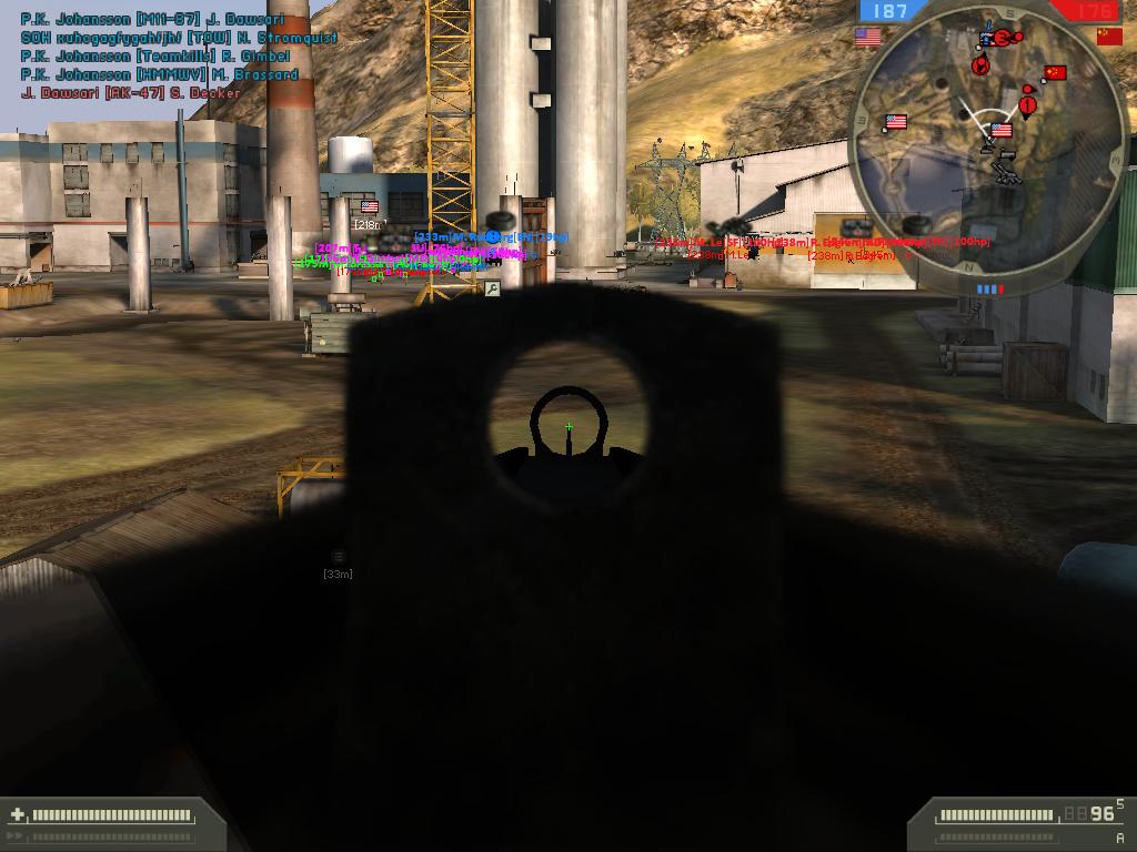 Battlefield 2 sniper scope view with killfeed and minimap