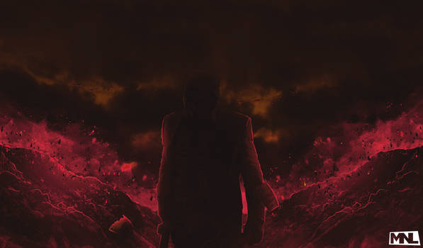 Shadowy figure emerges from fiery red apocalypse GFX