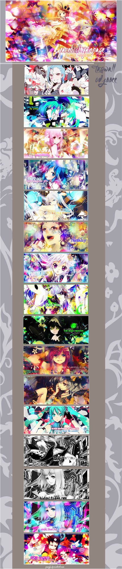 Colorful anime GFX collection with vibrant character signatures