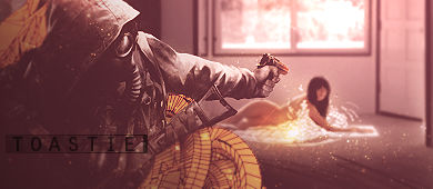 Gas-masked figure GFX signature with warrior emblem overlay