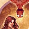 Spider-Man swings above a wistful painted heroine