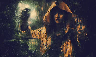 Hooded figure in rain, moody digital art signature