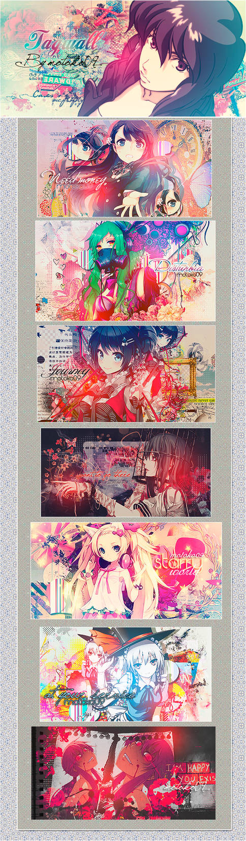 Anime GFX tag collection with layered mixed-media designs
