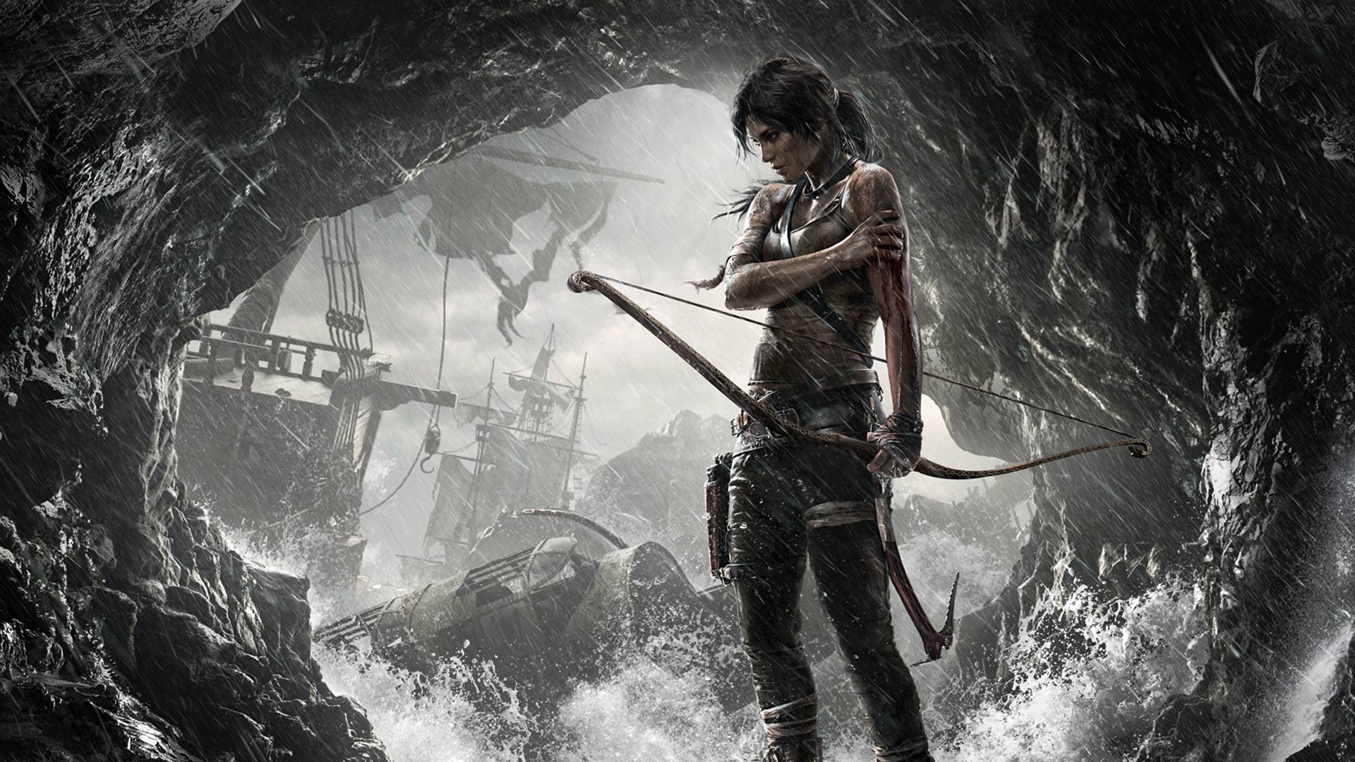 Lara Croft braves the storm, bow drawn, ready